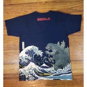 Godzilla Toho T Shirt M Blue Japanese Woodblock Hokusai Wave All Over Graphic